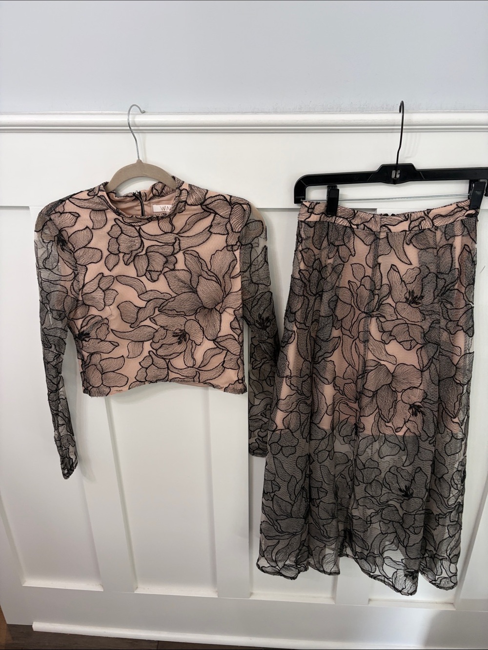 Wayf Blush Pink Sheer Floral Overlay Top with Black Embroidered lace